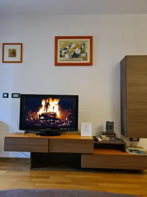 a living room with a flat screen tv on a table at Seaview Apartment in Bar