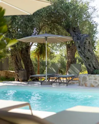 a table and chairs and an umbrella next to a swimming pool at MASHTRA - The Olive House in Ulcinj
