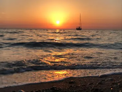a sailboat in the ocean at sunset with a beach at Zia Apartments in Bar