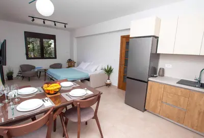 a kitchen and dining room with a table and a kitchen and a room at Zia Apartments in Bar