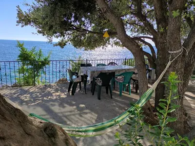 a table and chairs under a tree next to the ocean at Family Seaside Holm Oak Villa with Private Rocky Beach in Bar
