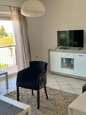 a living room with a chair and a tv at Apartman Ana Zeleni pojas in Bar