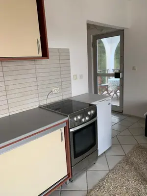 a kitchen with a stove and a counter top at Apartman Ana Zeleni pojas in Bar