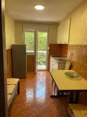 a kitchen with a refrigerator and a table in it at Apartman Sofija Budva in Budva