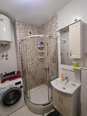 a bathroom with a shower and a toilet and a sink at Apartman Natalia in Podgorica