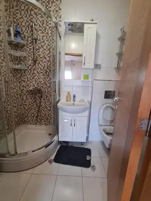a bathroom with a shower and a sink and a toilet at Apartman Natalia in Podgorica