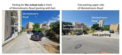 two pictures of a street with a car parked on the road at Modern Top Floor Sea View 3BR with Pools, Spa & Fitness in Becici