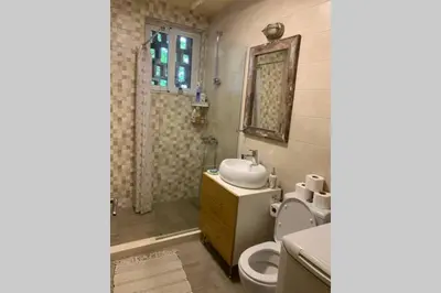 a bathroom with a toilet and a sink and a shower at Cute, spacious apt in the heart of the old town in Podgorica