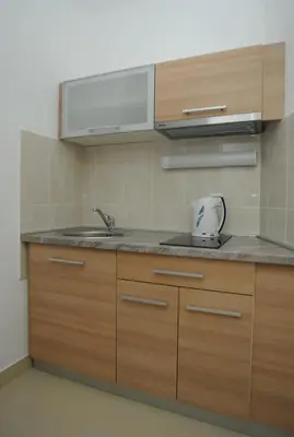 a kitchen with wooden cabinets and a sink at Hotel Anita in Budva