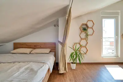 a bedroom with a bed and a plant at Cozy rooftop apartment with the city view in Budva