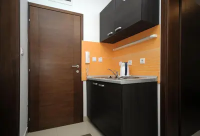 a bathroom with a sink and a wooden door at Apartments Anita in Budva