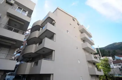 a tall white building with a mountain in the background at Apartments Anita in Budva