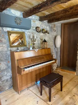 a wooden piano in a room with a stone wall at Rustic house Pojata in Njeguši