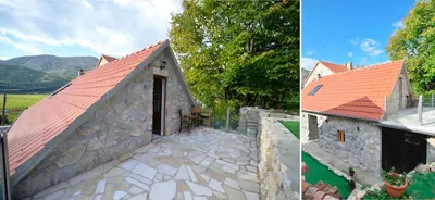 a stone building with a red roof and a stone patio at Rustic house Pojata in Njeguši