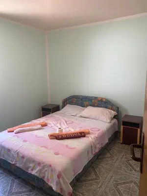 a bedroom with a bed with a pink blanket at Sunny Villa Apartments in Budva