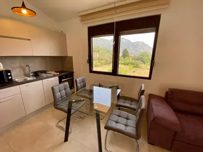a kitchen with a table and a couch and a window at Villa Dolphin Apartments in Petrovac na Moru