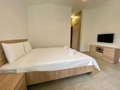 a small bedroom with a bed and a television at Villa Dolphin Apartments in Petrovac na Moru
