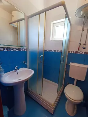 a bathroom with a shower and a toilet and a sink at Martinović Rooms in Budva