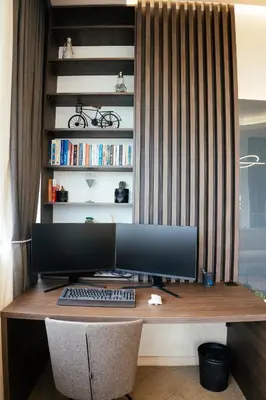 a desk with a computer monitor and a keyboard at Luxury Apartment Budva in Budva