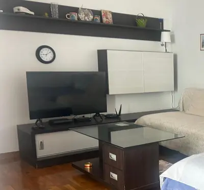 a living room with a tv and a coffee table at Apartman Luka Budva in Budva