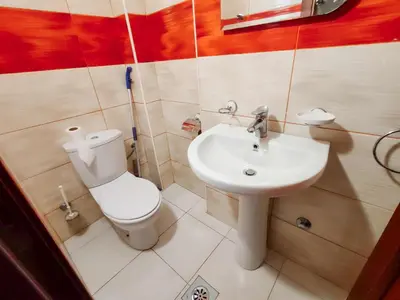 a small bathroom with a toilet and a sink at Sunny three-bedroom apartment in Budva in Budva