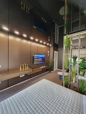 a bedroom with a large bed and a flat screen tv at Harmony Apartments in Podgorica