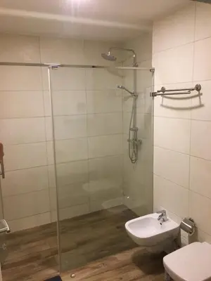 a bathroom with a shower and a toilet and a sink at Apartment Your Home in Dobra Voda