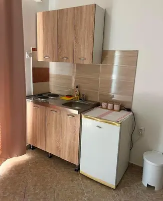 a small kitchen with a sink and a refrigerator at Villa Savovic in Petrovac na Moru