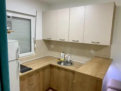a kitchen with wooden cabinets and a sink and a refrigerator at RIO 1 in Podgorica