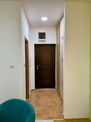 a hallway with a brown door and a room at RIO 1 in Podgorica