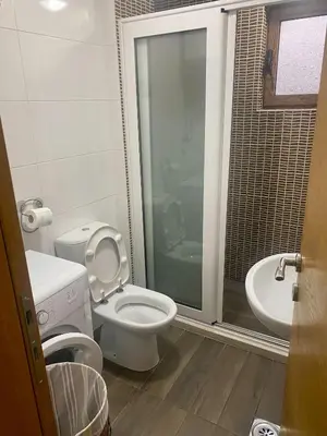 a bathroom with a toilet and a shower and a sink at RIO 2 in Podgorica