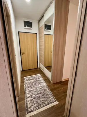 a hallway with a door and a rug and a mirror at Lovely Modern LUX flat near to the center in Podgorica