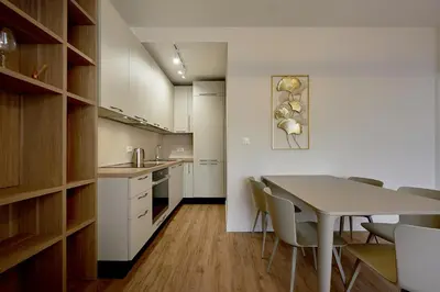a kitchen and dining room with a table and chairs at BigMontenegro Belveder in Becici
