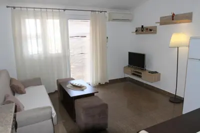 a living room with a couch and a tv at Apartments Muhar in Sveti Stefan
