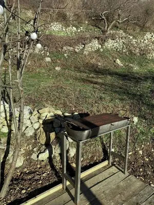a grill sitting on a wooden platform next to a tree at Horizon Lodge Medurec in Ulcinj