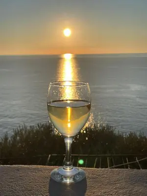 a glass of wine with the sunset in the background at Guest house Naser in Ulcinj