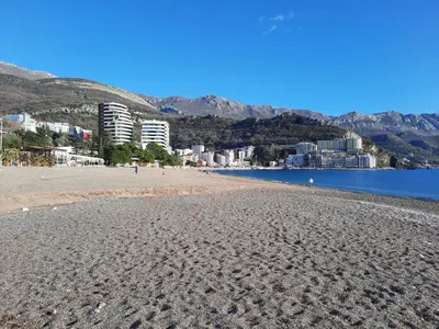 a view of a beach with buildings in the background at Marina Apartment in Becici