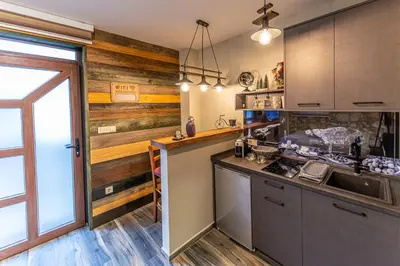 a kitchen with wooden walls and a counter top at Apartman_PidžuN in Cetinje