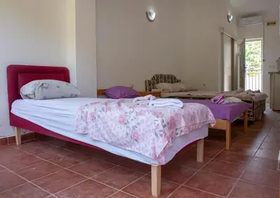 two beds in a room with purple and pink sheets at Family Apartments Vukcevic in Čanj