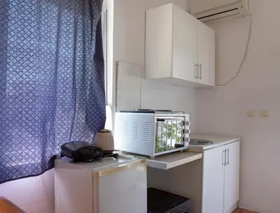 a kitchen with a microwave on top of a refrigerator at Family Apartments Vukcevic in Čanj