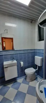 a blue and white bathroom with a toilet and sink at Villa Lutovac Budva in Budva