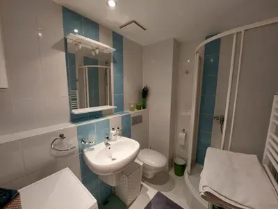 a bathroom with a sink and a toilet and a shower at Panorama Bar 2 bedroom in Bar
