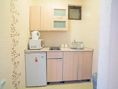 a small kitchen with a sink and a refrigerator at Apartments Viktorija in Petrovac na Moru