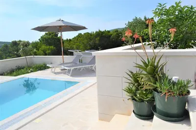 a swimming pool with an umbrella and some plants at Villa Gabriela in Kotor