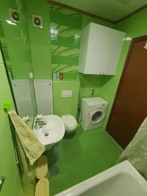 a green bathroom with a sink and a washing machine at Sunny City - City Kvart in Podgorica