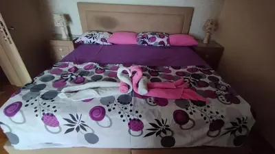 a bedroom with a bed with purple sheets and pink pillows at Apartments Djedovic 2 in Petrovac na Moru