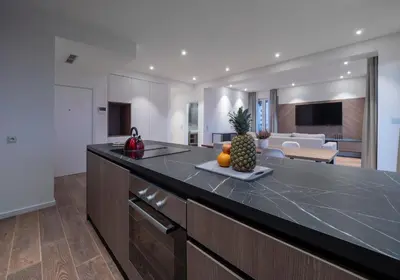 a kitchen with a counter with a pineapple on it at Horizon Two bedroom Penthouse with Hot tub in Becici
