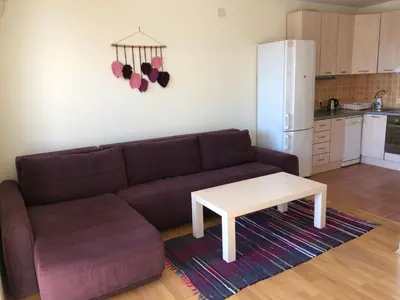 a living room with a couch and a table at Petrovac Holiday apartments 1 in Petrovac na Moru