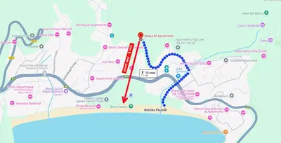 a map of the trail with a red marker at Status-M Apartments 134 in Becici