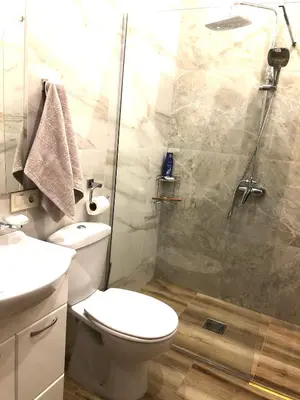 a bathroom with a toilet and a glass shower at Lovely Apartment Sveti Stefan in Sveti Stefan